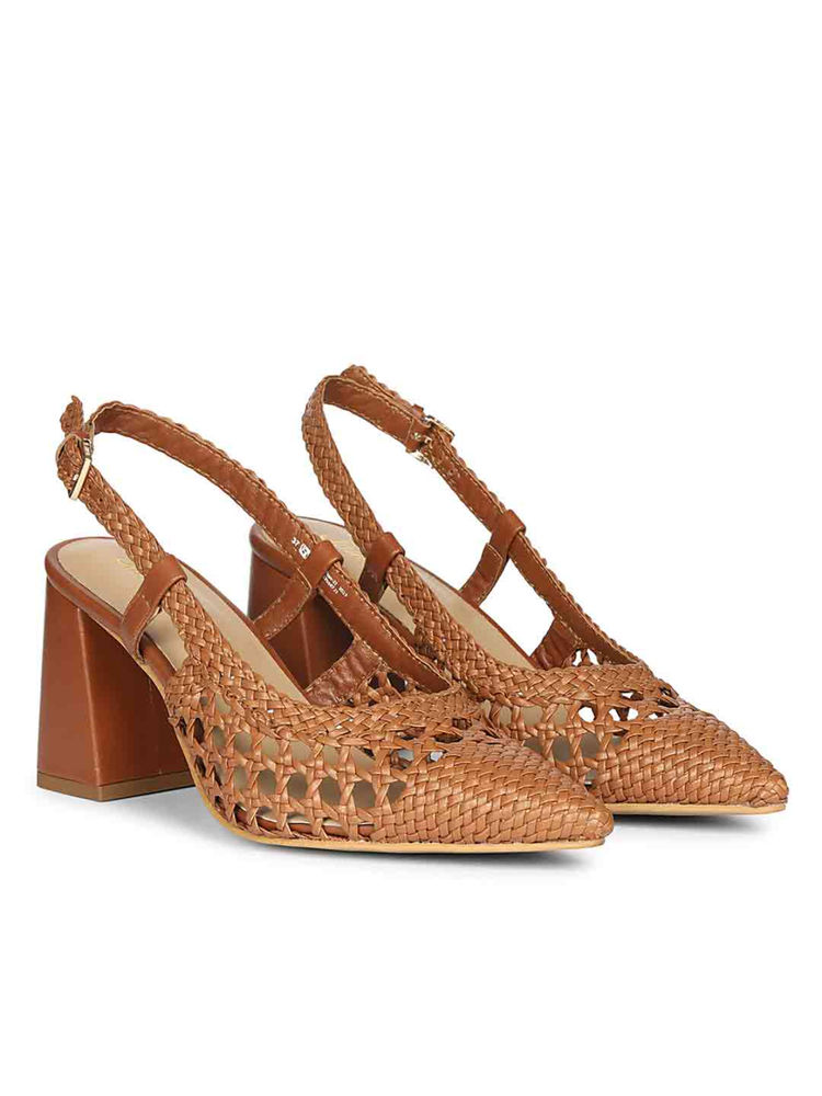 Saint G Women Hand Woven Tan Leather Block Heels-picture-17