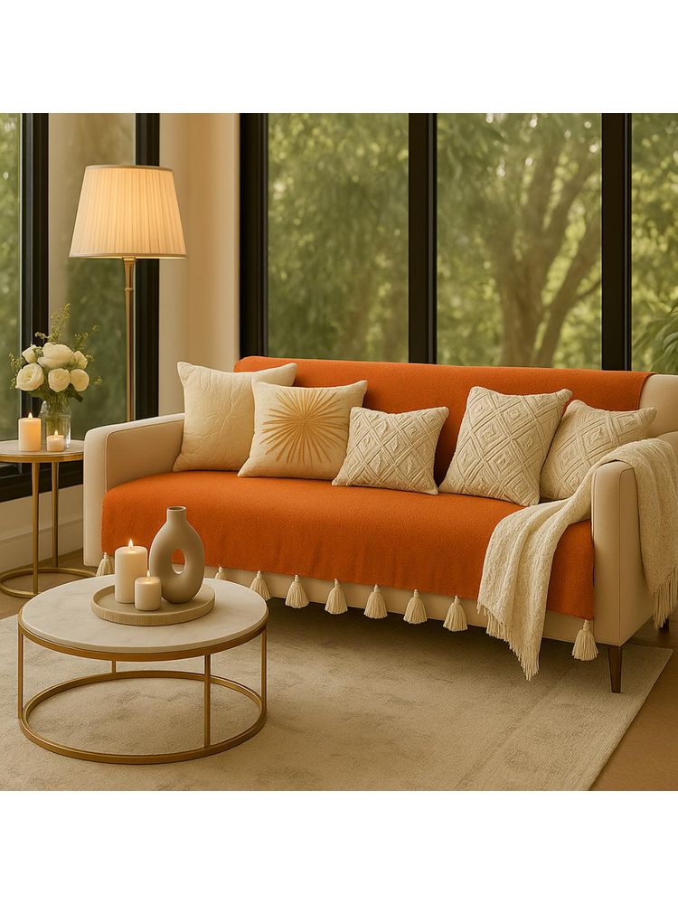 THROW PILLOW Orange Sofa Cover With White Tassels-picture-23