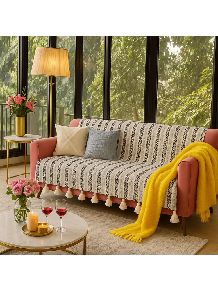 THROW PILLOW Neutral Herringbone Printed Sofa Cover With White Tassels-image-38