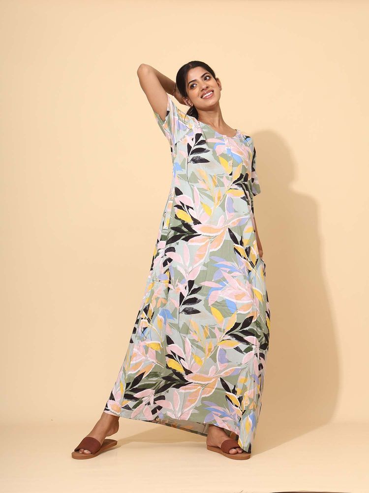 YELLOW BLOOM Multi-Color Floral Comfortable Nighty-picture-11