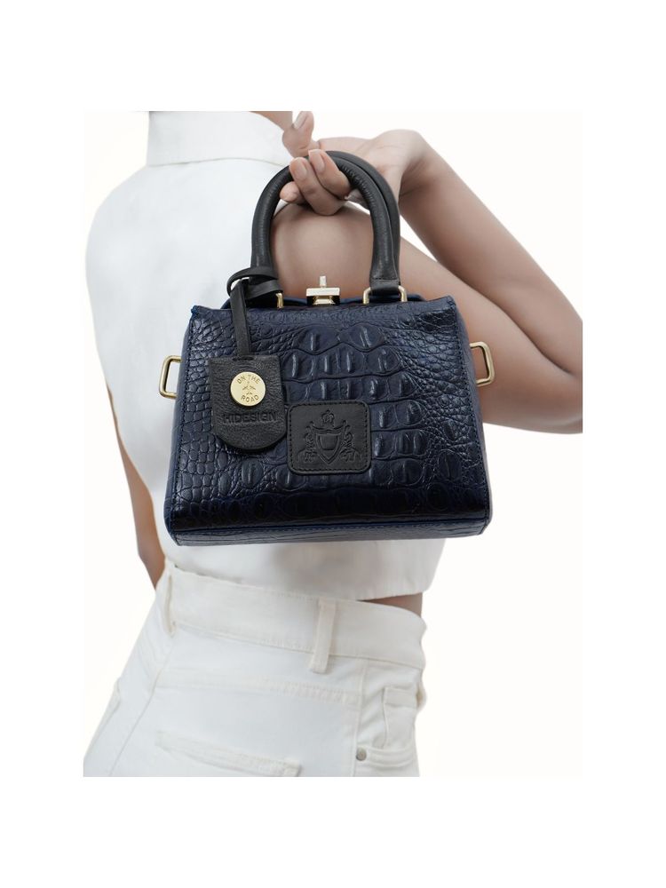 Hidesign Women Leather Textured Blue Satchel Bag with Detachable Strap (S)-picture-20