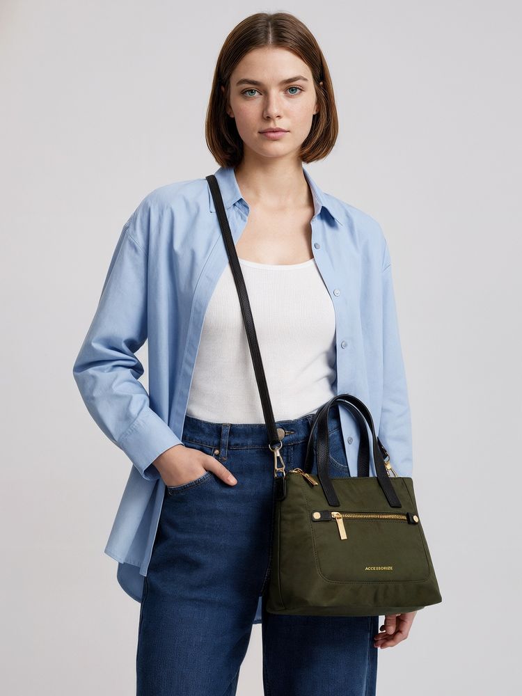 Accessorize London Women's Olive Green Kylie Nylon Tote Bag with Detachable Strap-picture-29