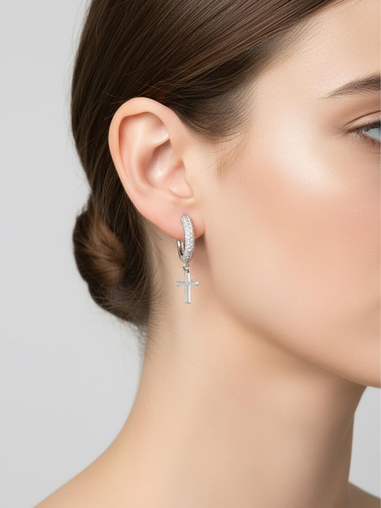SILBERRY 925 Sterling Silver White Cross Hoop Earrings-image-12