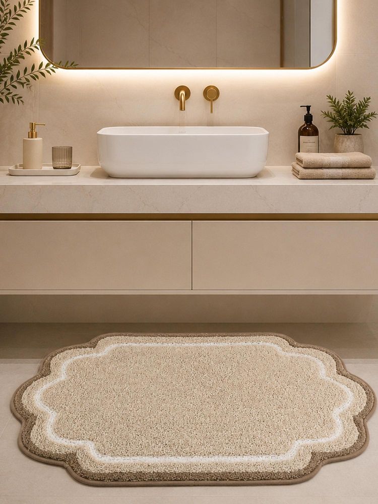 OBSESSIONS Beige Anti Skid Polyester Bathmat, Soft and Ultra Absorbent (25x17 inch)-image-43
