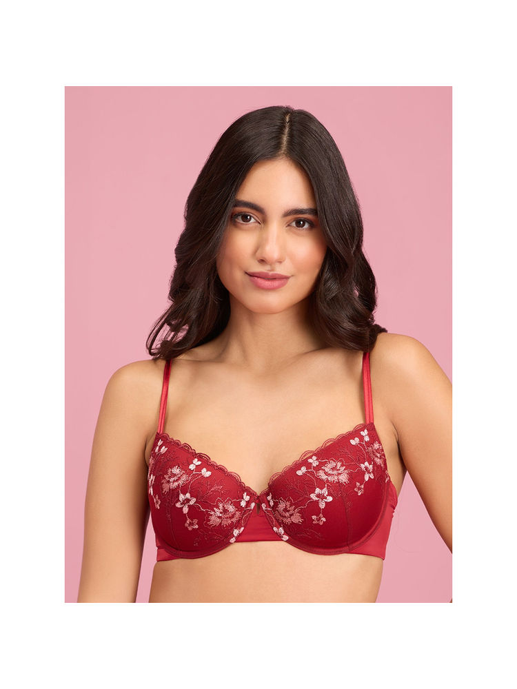 Nykd by Nykaa Embroidered Floral Lace Demi Bra-NYB294-Maroon-picture-4