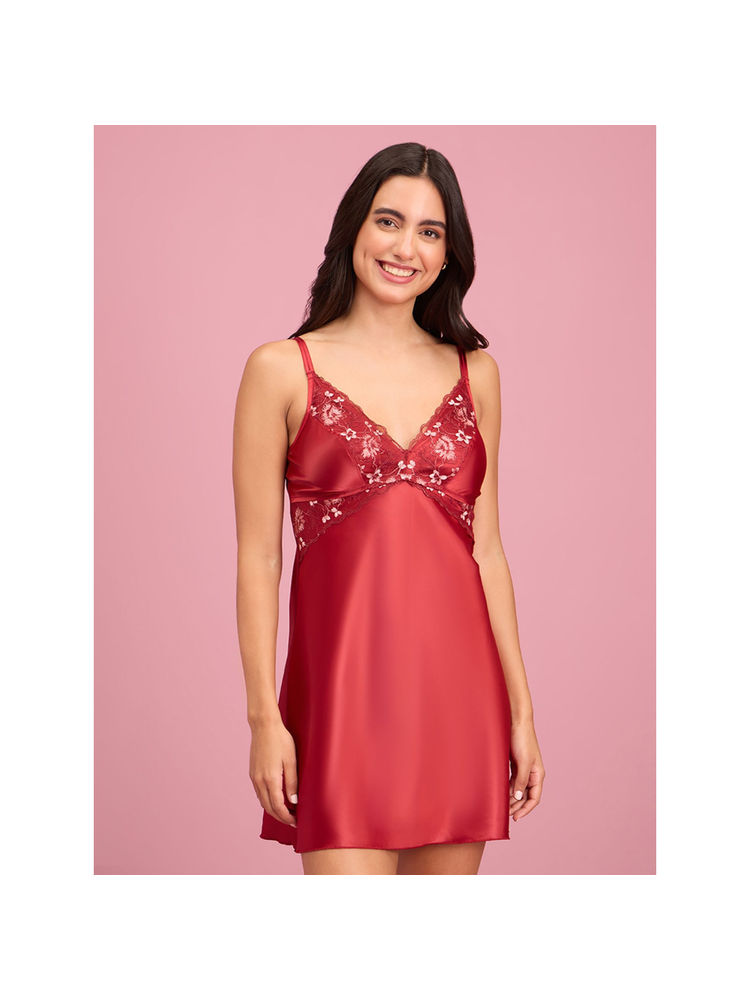 Nykd by Nykaa Embroidered Lace and Satin Babydoll with Panty- NYS138-Maroon (Set of 2)-image-23