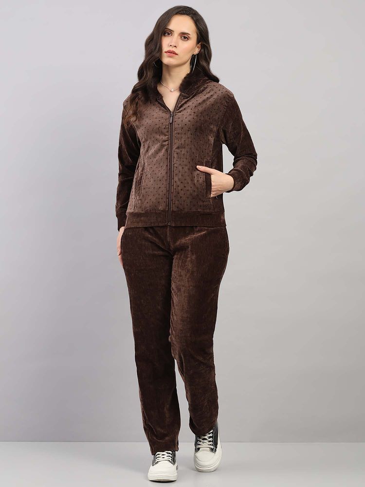 Monte Carlo Women's Regular Fit Polka Dot Hooded Full Sleeve Brown Tracksuit-picture-33