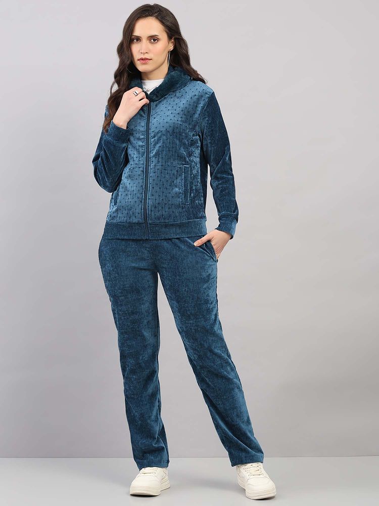 Monte Carlo Women's Regular Fit Polka Dot Hooded Full Sleeve Teal Tracksuit-picture-34