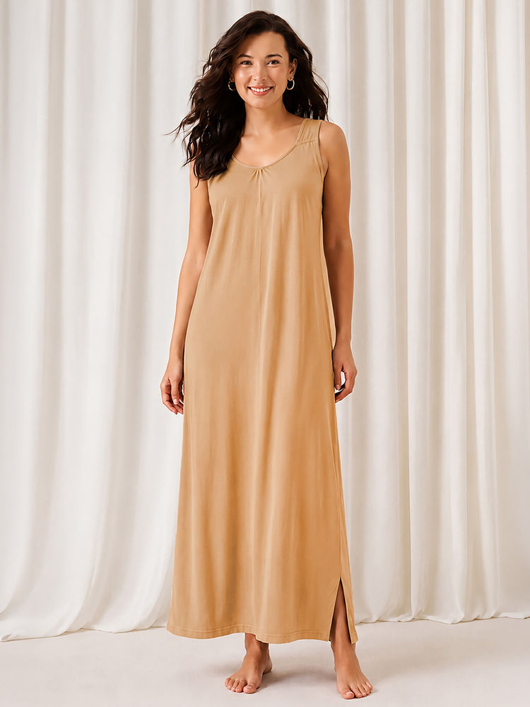 Clovia Beige Sleeveless Side Slits Long Nighty-picture-15