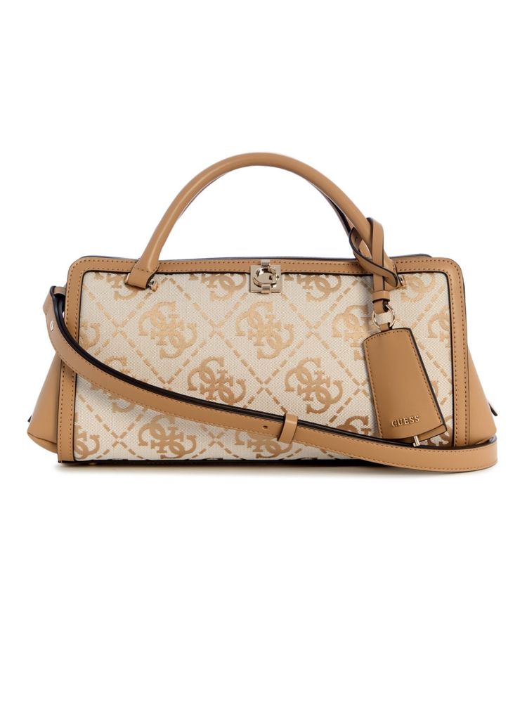 guess fashion Guess Audrey Beige Snap Button Textured Satchel Bag with Detachable Strap-picture-20