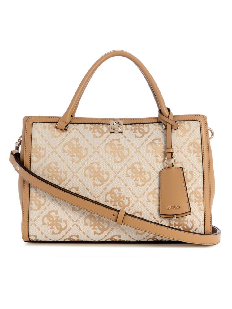 guess fashion Guess Audrey Beige Zipper Textured Satchel Bag with Detachable Strap-picture-19