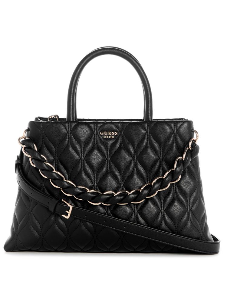 Guess Maxine Black Snap Button Quilted Satchel Bag with Detachable Strap-image-9