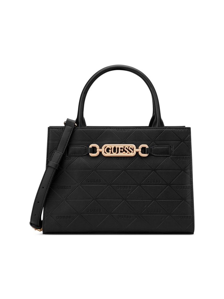 guess fashion Guess Celestia Black Snap Button Textured Satchel Bag with Detachable Strap-picture-15