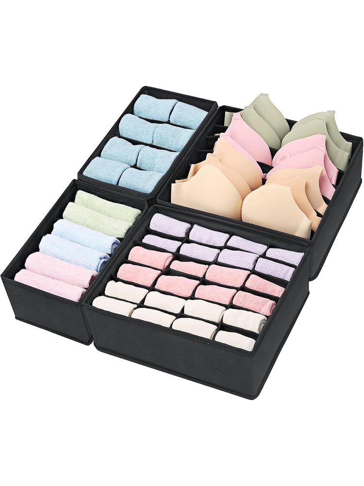House of Quirk Fabric Set Of 4 Foldable Storage Box Drawer Divider Organizer Closet Storage - Black-image-5