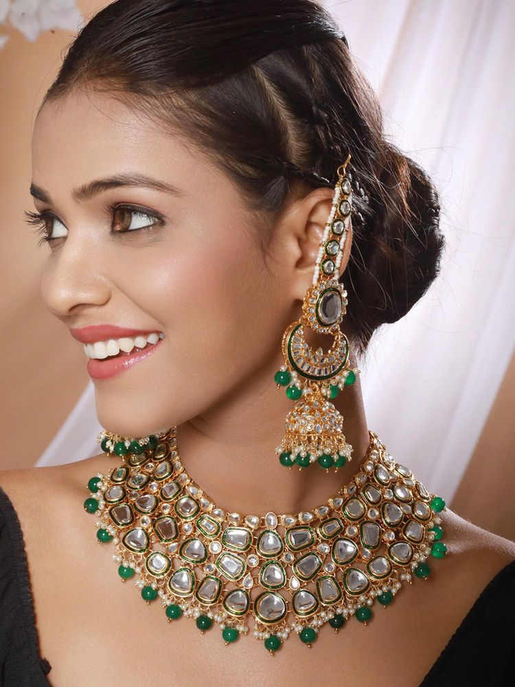 Aatmana Gold-Plated Green And White Kundan-Studded And Beaded Handcrafted Jewellery Set-image-41