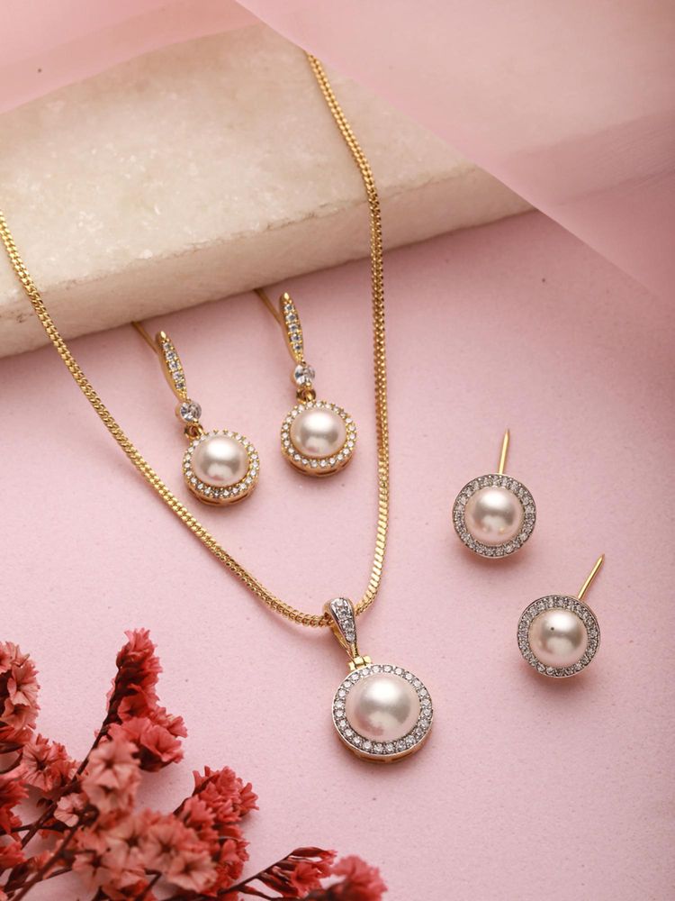Aatmana Gold-Plated White Pearl And Ad Studded Chain Pendent With 2 Pair of Earring Set-picture-17