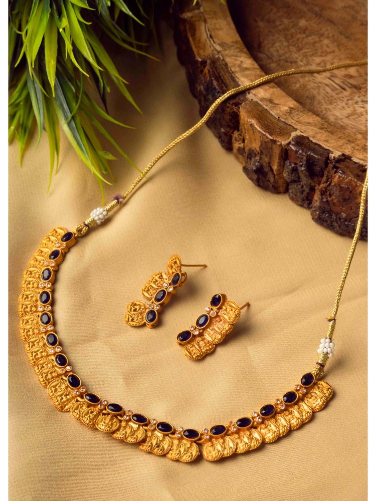 STILEADDA Gold Plated Black Kemp Laxmi Coin Necklace Set-picture-8