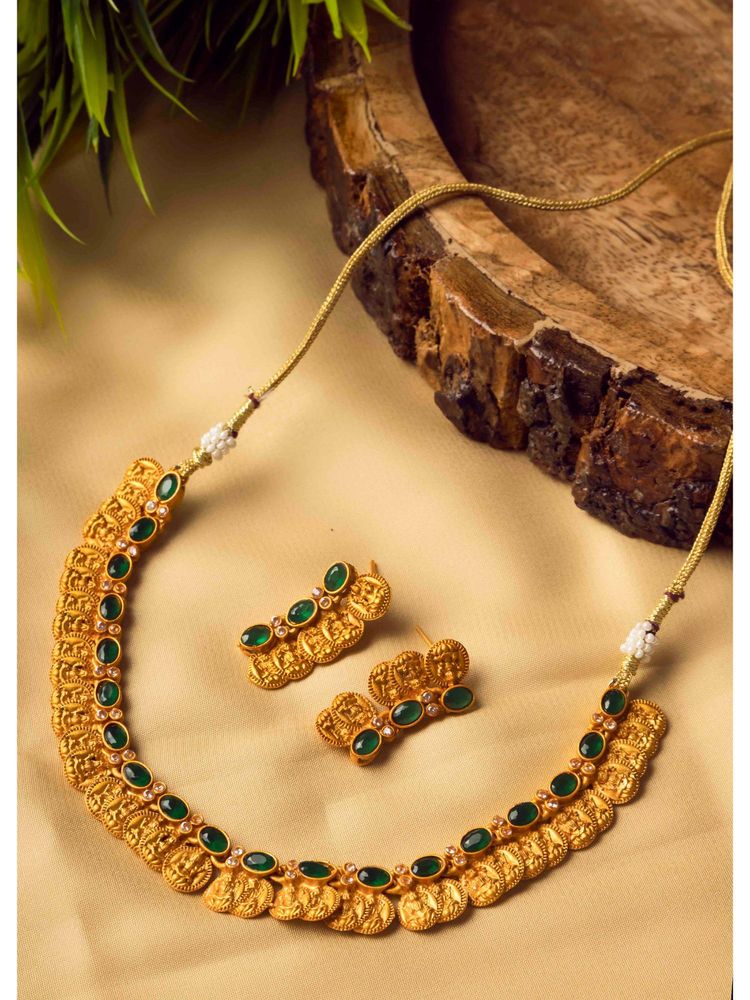 STILEADDA Gold Plated Green Kemp Laxmi Coin Necklace Set-picture-9