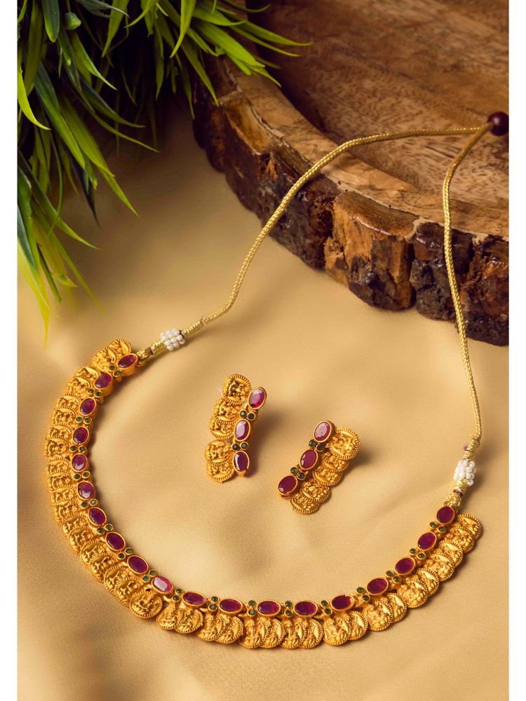 STILEADDA Gold Plated Red Kemp Laxmi Coin Necklace Set-picture-2