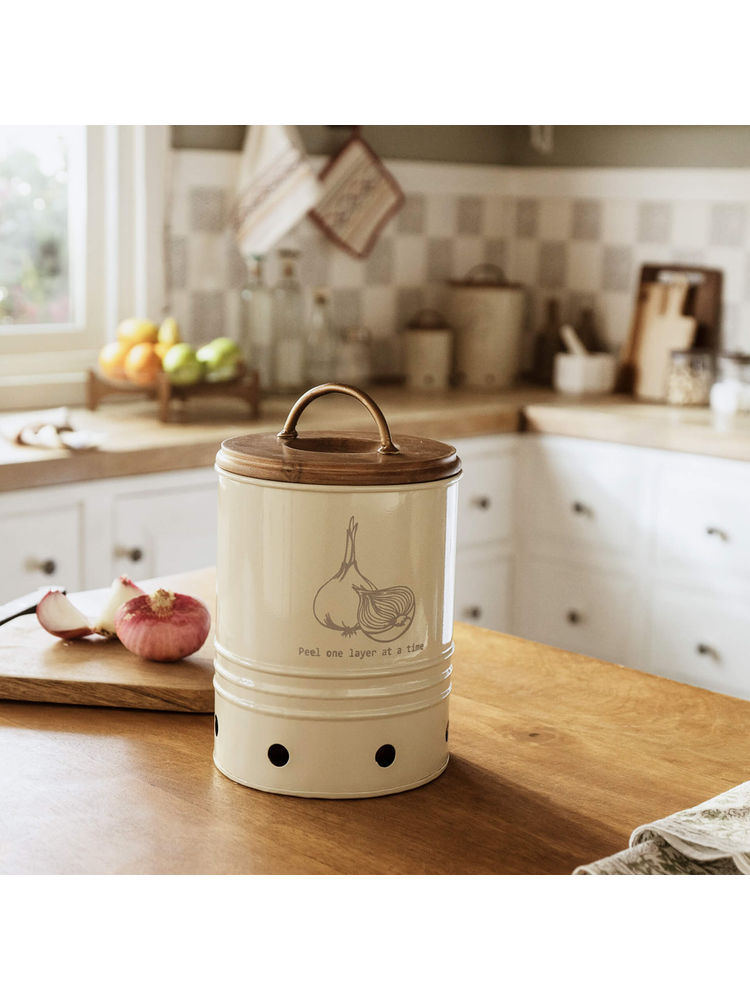 Ellementry Egg Shell Metal Onion Storage Bin With Wooden Lid
