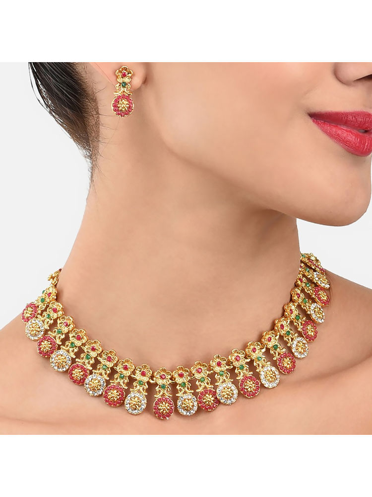 Zaveri Pearls Green & Red Stones Floral Design Choker Necklace & Earring Set - ZPFK8991