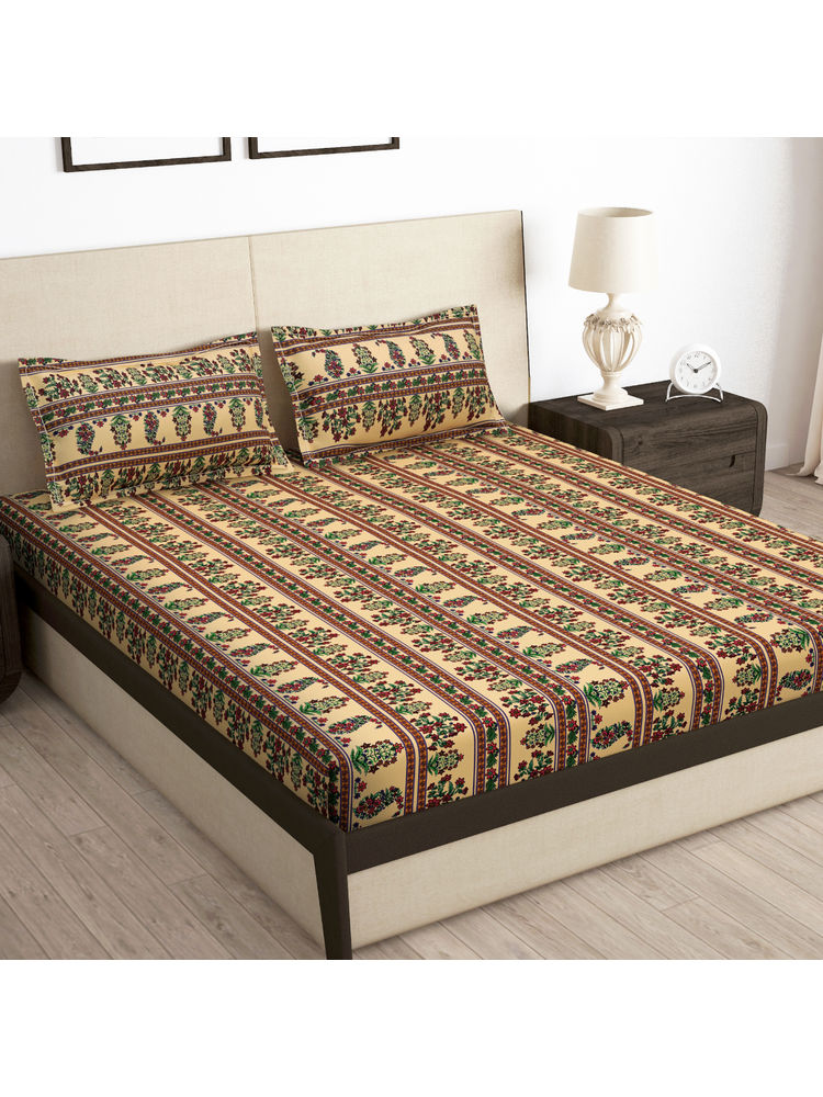 Story@Home 160 Beige Cotton Feel Fitted Bedsheets Pillow Covers (Queen)-image-25