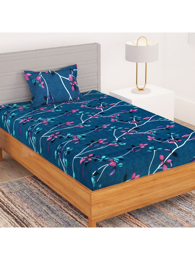Story@Home Navy Blue Bedspun Polyester Floral Bedsheet with Pillow Covers (Single)-image-43