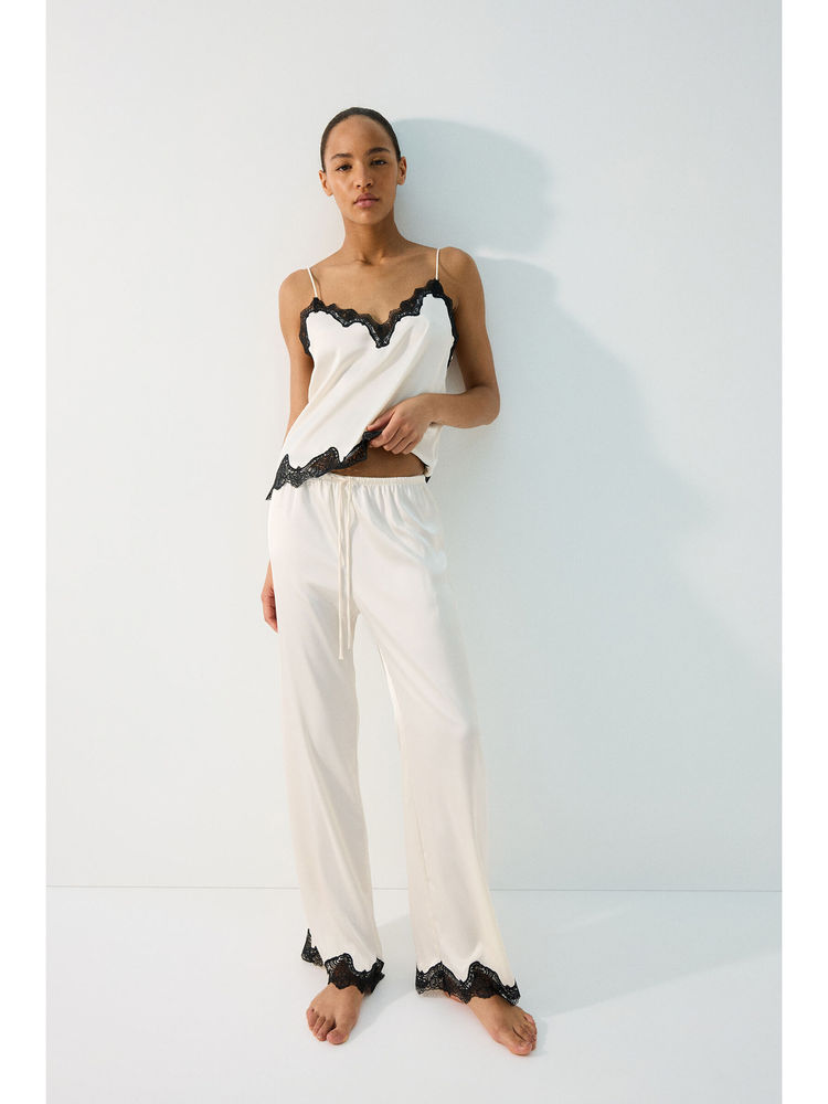H&M Women White Lace-trimmed satin pyjamas and Top-picture-16