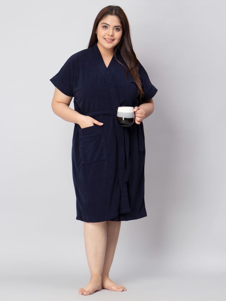 LacyLook Women Micro Terry Cotton Bathrobe - Navy Blue-image-0