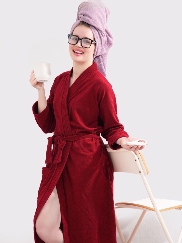 LacyLook Women Micro Terry Cotton Bathrobe - Maroon-picture-17
