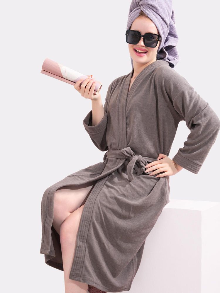 LacyLook Women Micro Terry Cotton Bathrobe - Grey-image-48