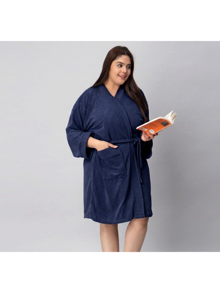 LacyLook Women Micro Terry Cotton Bathrobe - Navy Blue-image-8