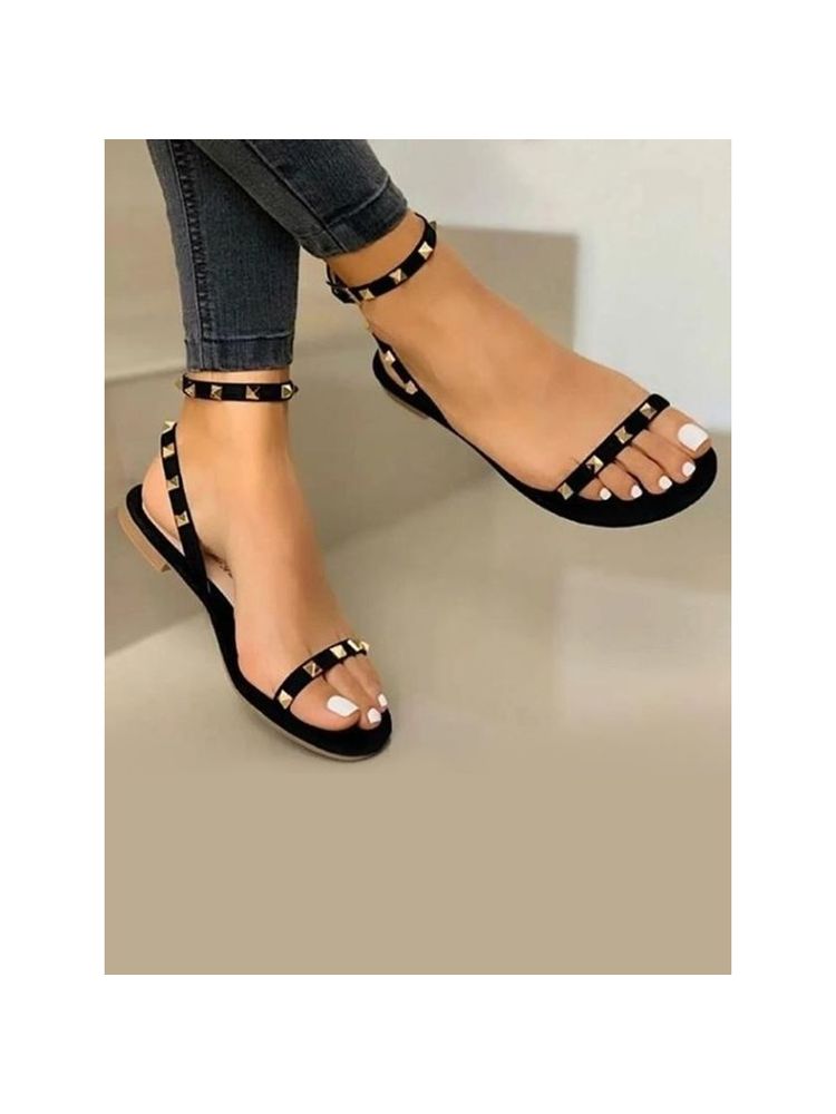 Shoetopia Women Embellished Rockstud Metal Detail Black Flat Sandal
