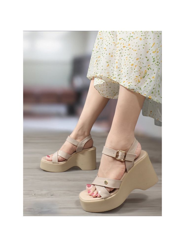 Carlton London Beige Solid Wedge Heel Party Wear Women Sandals-image-45