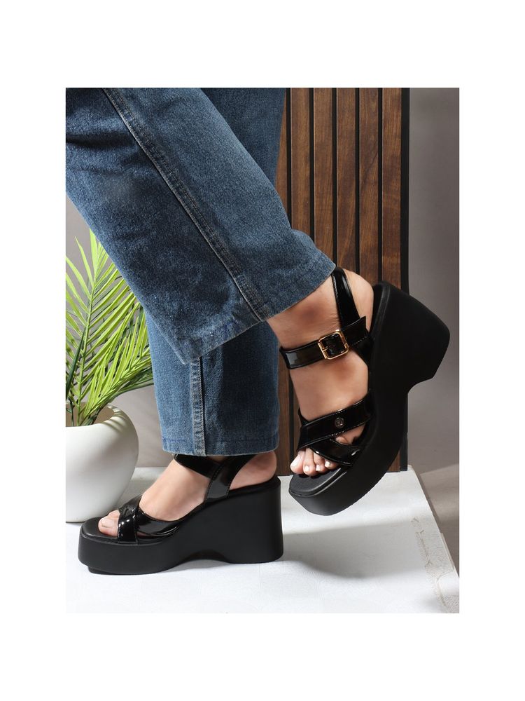 Carlton London Black Solid Wedge Heel Party Wear Women Sandals-image-29