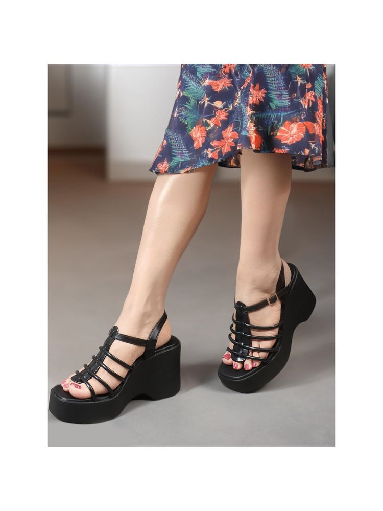 Carlton London Black Solid Platform Heel Party Wear Women Sandals-picture-11