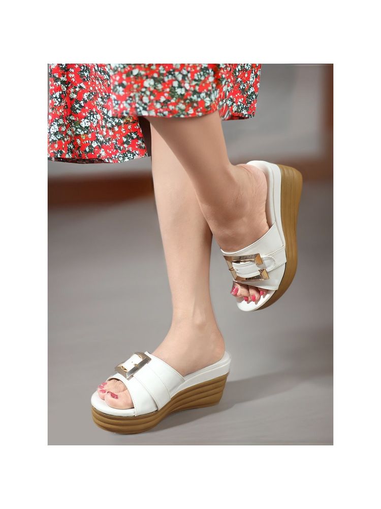 Carlton London White Solid Heel Party Wear Women Wedges