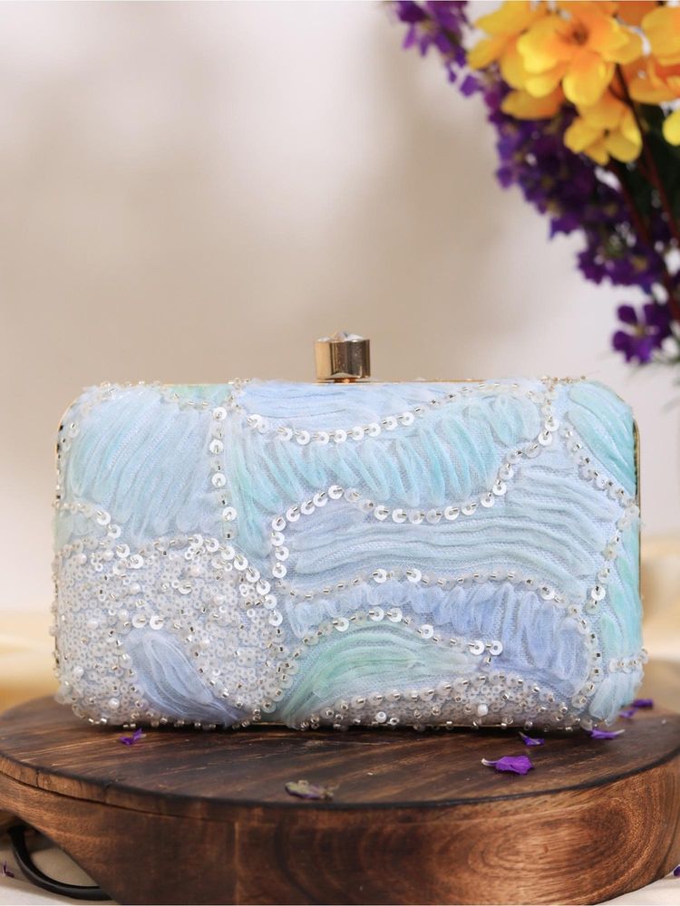 THE TAN CLAN Aqua Blue Box Clutch with Detachable Chain-image-7