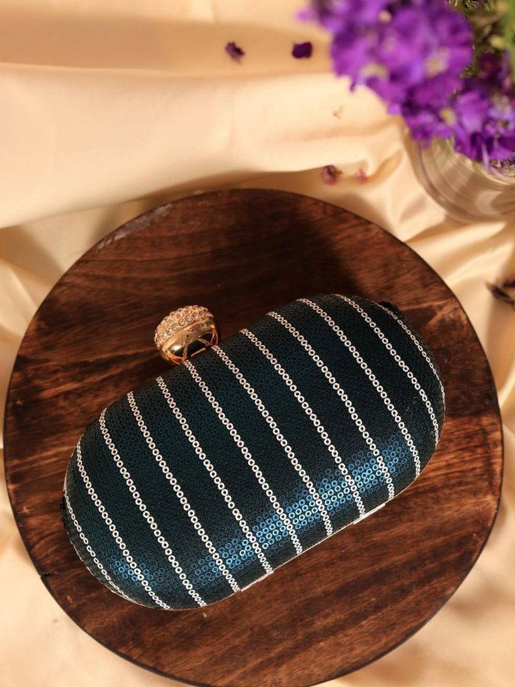 THE TAN CLAN Glow Blue Sequins Oval Clutch with Detachable Chain-image-46