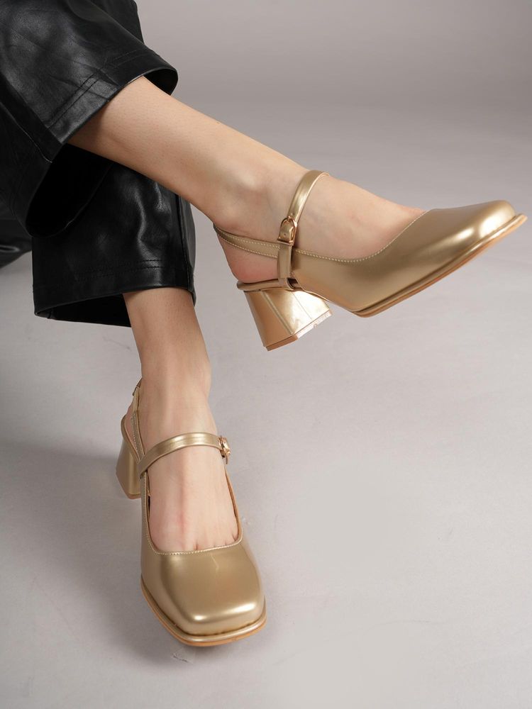 Drop Bold Gold Square Toe Mary Jane Block Sandal Heels for Women-image-4