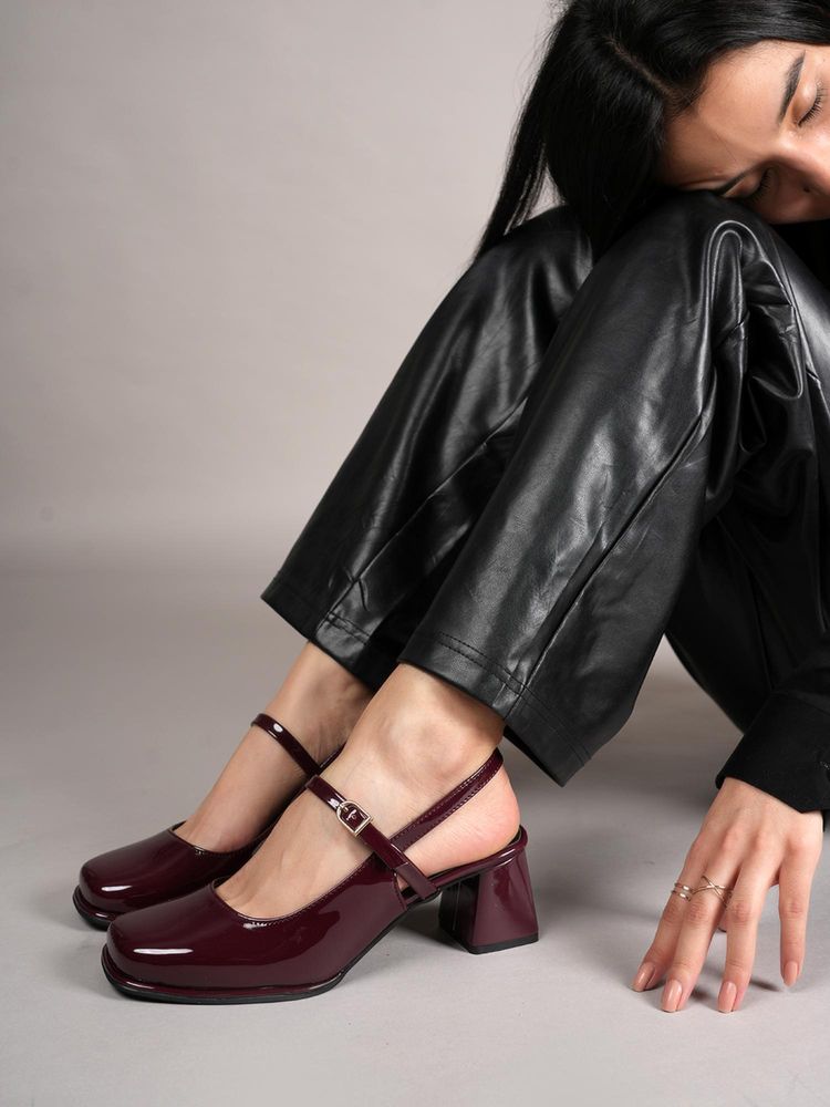 Drop Bold Maroon Square Toe Mary Jane Block Sandal Heels for Women