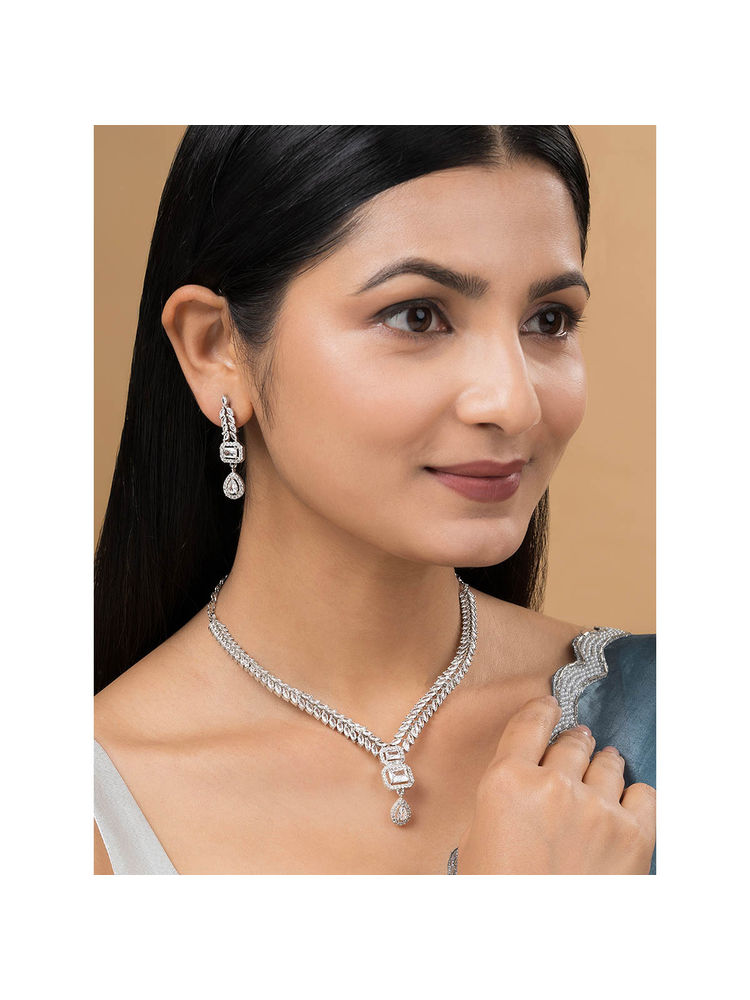 Teejh Sparki Silver Plated White Stone Necklace Set-image-2