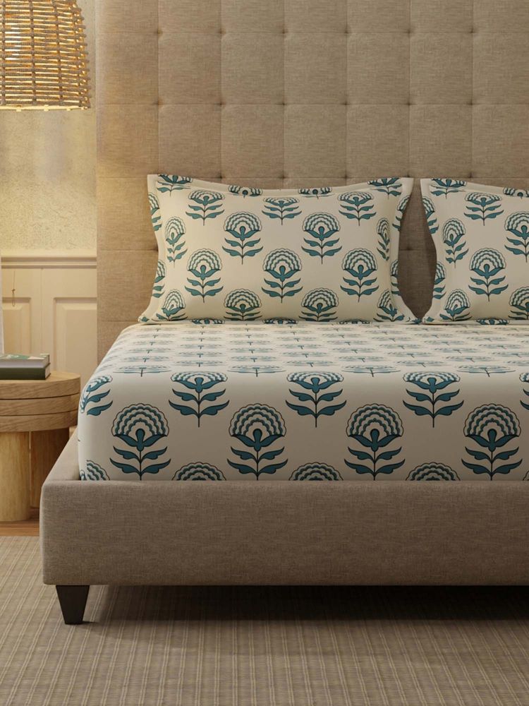 Urban Space Florabell Blue Cotton Bedsheet with 1 Pillow Cover-image-48