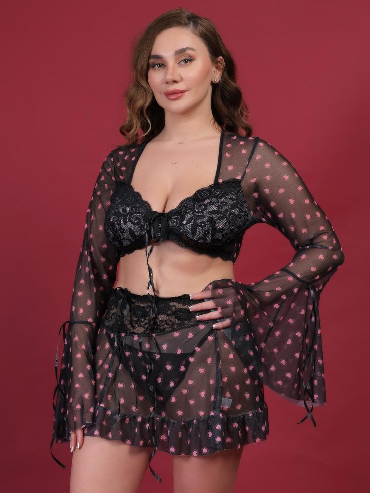 BRACHY Women Hot Black Self Design Nightwear Baby Doll Lingerie-image-25