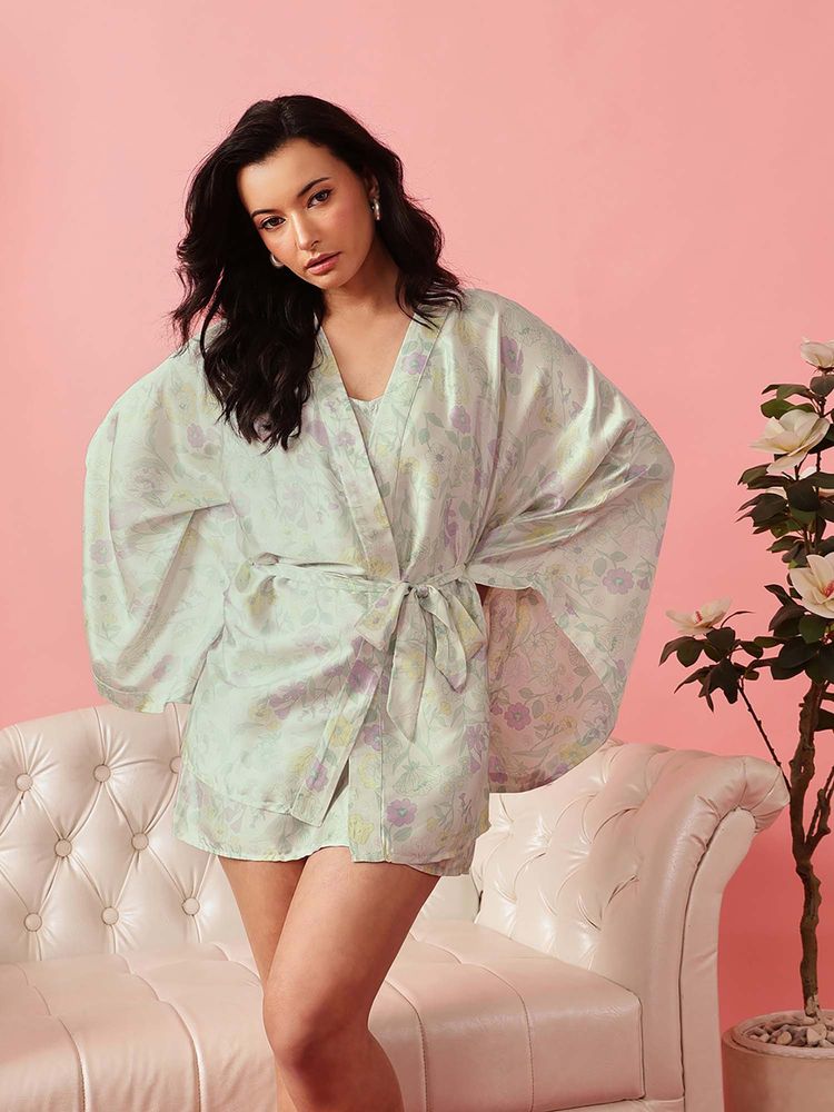 Chelvet Floral Strappy Nightdress and Full Sleeve Robe-picture-49