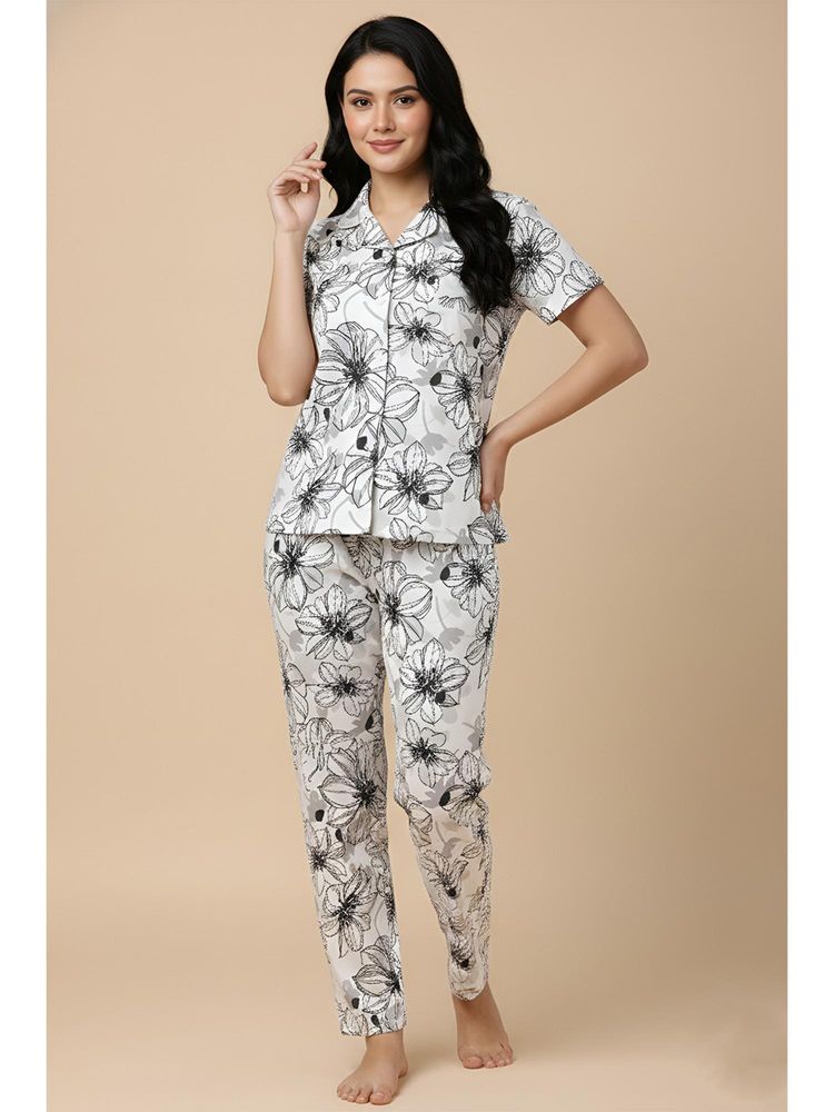 Zivame Nature Trails Knit Cotton Nightsuit - Whisper White-picture-39