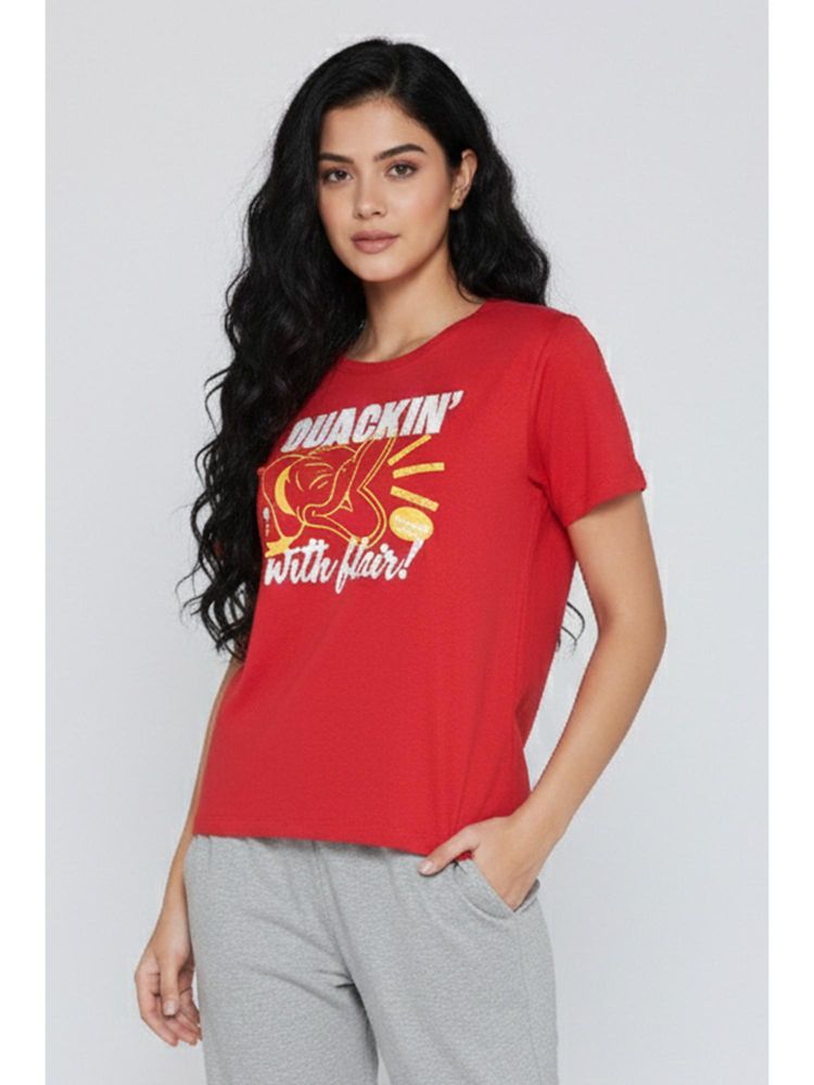 Zivame Donald Duck Knit Cotton T-Shirt - Mars Red-picture-38