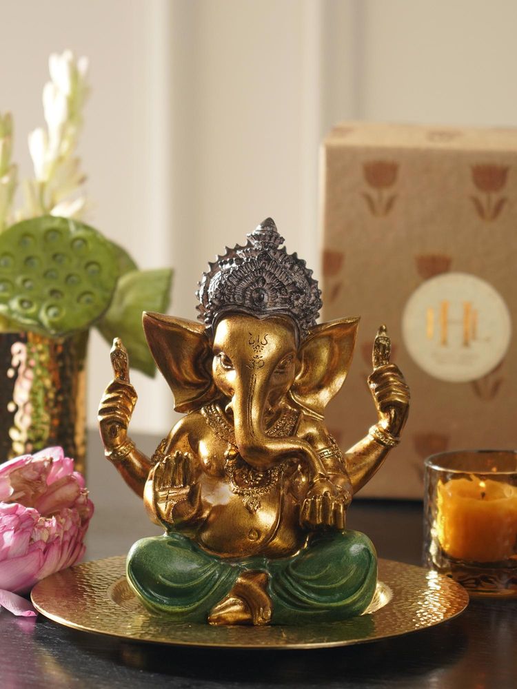 Pure Home + Living Dark Green Antique Gold Polyresin Sitting Ganesha-image-9