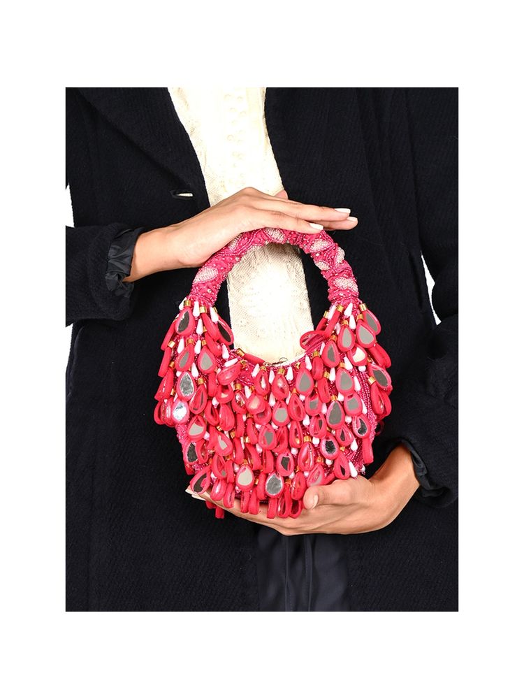 Odette Magenta Tasselled Moon Clutch for Women-picture-0