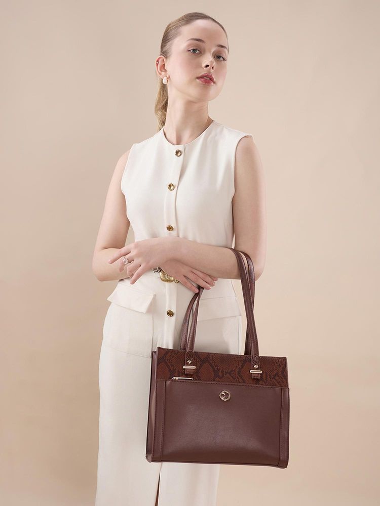 Caprese Women Bambi Brown Textured Satchel Bag with Detachable Strap-image-26
